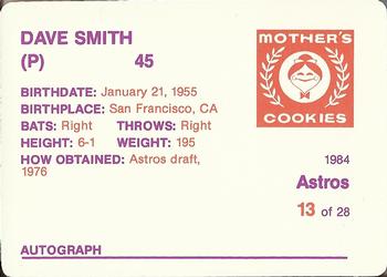 1984 Mother's Cookies Houston Astros #13 Dave Smith Back