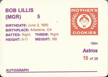 1984 Mother's Cookies Houston Astros #15 Bob Lillis Back