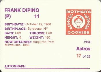 1984 Mother's Cookies Houston Astros #17 Frank DiPino Back