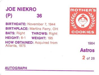 1984 Mother's Cookies Houston Astros #2 Joe Niekro Back