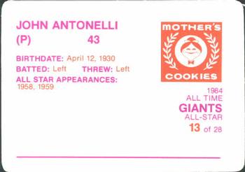 1984 Mother's Cookies San Francisco Giants #13 John Antonelli Back