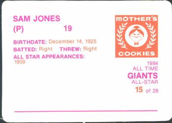 1984 Mother's Cookies San Francisco Giants #15 Sam Jones Back