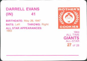 1984 Mother's Cookies San Francisco Giants #27 Darrell Evans Back