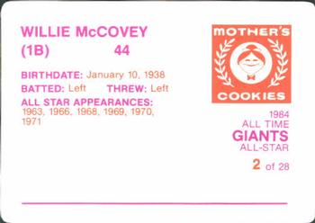 1984 Mother's Cookies San Francisco Giants #2 Willie McCovey Back