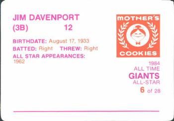 1984 Mother's Cookies San Francisco Giants #6 Jim Davenport Back