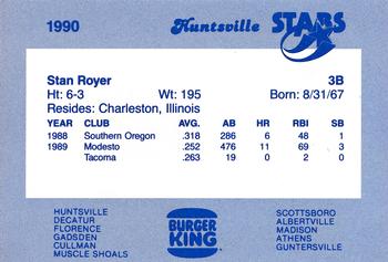 1990 Burger King Huntsville Stars #NNO Stan Royer Back