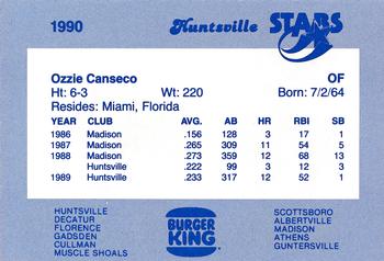 1990 Burger King Huntsville Stars #NNO Ozzie Canseco Back