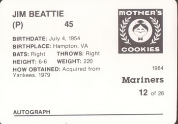 1984 Mother's Cookies Seattle Mariners #12 Jim Beattie Back
