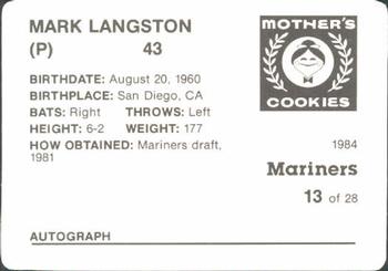 1984 Mother's Cookies Seattle Mariners #13 Mark Langston Back
