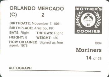 1984 Mother's Cookies Seattle Mariners #14 Orlando Mercado Back