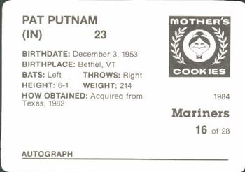 1984 Mother's Cookies Seattle Mariners #16 Pat Putnam Back