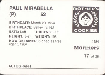 1984 Mother's Cookies Seattle Mariners #17 Paul Mirabella Back