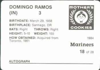 1984 Mother's Cookies Seattle Mariners #18 Domingo Ramos Back