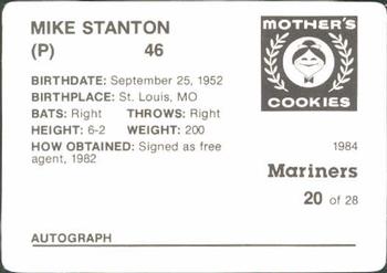 1984 Mother's Cookies Seattle Mariners #20 Mike Stanton Back