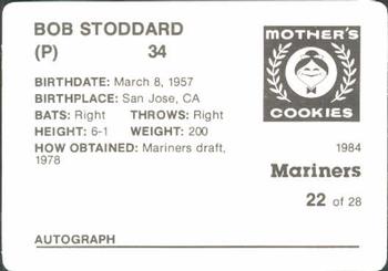 1984 Mother's Cookies Seattle Mariners #22 Bob Stoddard Back