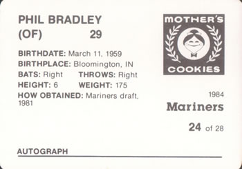 1984 Mother's Cookies Seattle Mariners #24 Phil Bradley Back