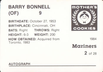 1984 Mother's Cookies Seattle Mariners #2 Barry Bonnell Back