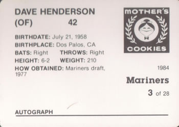 1984 Mother's Cookies Seattle Mariners #3 Dave Henderson Back