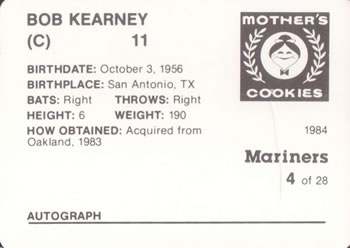 1984 Mother's Cookies Seattle Mariners #4 Bob Kearney Back