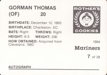 1984 Mother's Cookies Seattle Mariners #7 Gorman Thomas Back