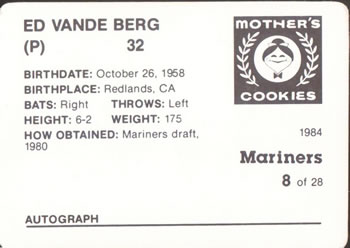 1984 Mother's Cookies Seattle Mariners #8 Ed Vande Berg Back
