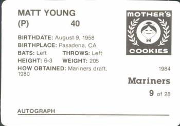 1984 Mother's Cookies Seattle Mariners #9 Matt Young Back