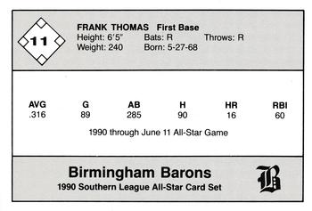 1990 Jennings Southern League All-Stars #11 Frank Thomas Back