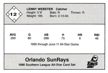 1990 Jennings Southern League All-Stars #12 Lenny Webster Back