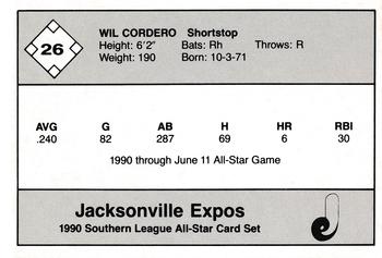 1990 Jennings Southern League All-Stars #26 Wil Cordero Back
