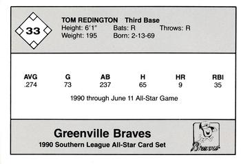 1990 Jennings Southern League All-Stars #33 Tom Redington Back
