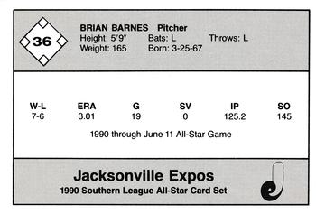 1990 Jennings Southern League All-Stars #36 Brian Barnes Back