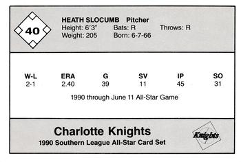 1990 Jennings Southern League All-Stars #40 Heathcliff Slocumb Back
