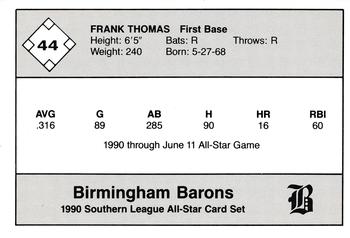 1990 Jennings Southern League All-Stars #44 Frank Thomas Back