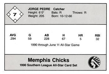 1990 Jennings Southern League All-Stars #7 Jorge Pedre Back