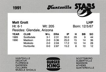 1991 Burger King Huntsville Stars #NNO Matt Grott Back