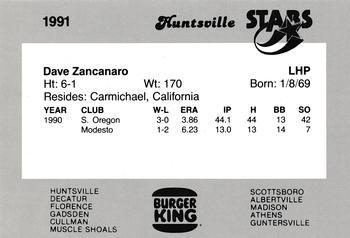 1991 Burger King Huntsville Stars #NNO Dave Zancanaro Back