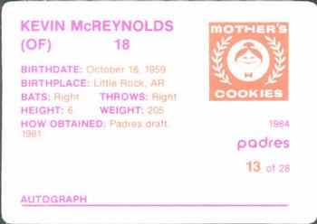 1984 Mother's Cookies San Diego Padres #13 Kevin McReynolds Back