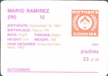 1984 Mother's Cookies San Diego Padres #23 Mario Ramirez Back