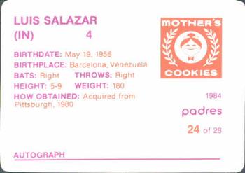 1984 Mother's Cookies San Diego Padres #24 Luis Salazar Back