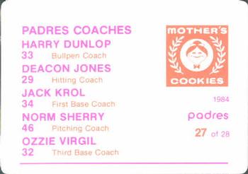 1984 Mother's Cookies San Diego Padres #27 Padres' Coaches - Harry Dunlop / Jack Krol / Ozzie Virgil Sr. / Norm Sherry / Deacon Jones Back