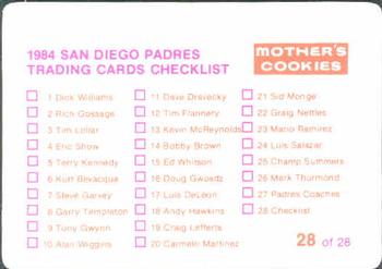 1984 Mother's Cookies San Diego Padres #28 Jack Murphy Stadium Back