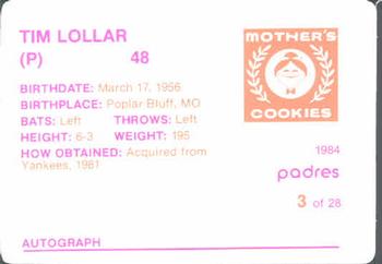 1984 Mother's Cookies San Diego Padres #3 Tim Lollar Back
