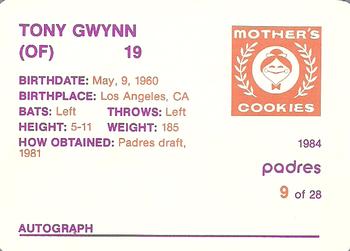 1984 Mother's Cookies San Diego Padres #9 Tony Gwynn Back