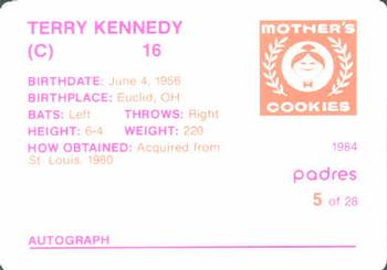 1984 Mother's Cookies San Diego Padres #5 Terry Kennedy Back