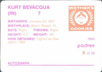 1984 Mother's Cookies San Diego Padres #6 Kurt Bevacqua Back