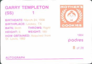 1984 Mother's Cookies San Diego Padres #8 Garry Templeton Back