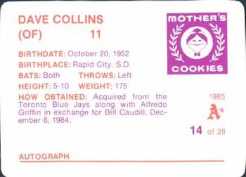 1985 Mother's Cookies Oakland Athletics #14 Dave Collins Back