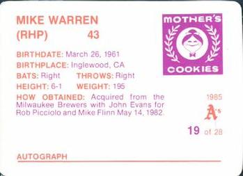 1985 Mother's Cookies Oakland Athletics #19 Mike Warren Back