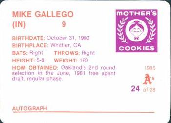 1985 Mother's Cookies Oakland Athletics #24 Mike Gallego Back