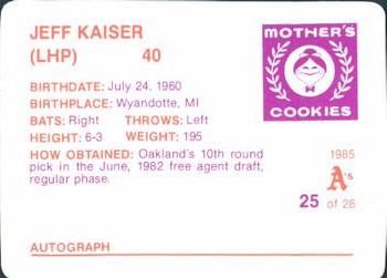 1985 Mother's Cookies Oakland Athletics #25 Jeff Kaiser Back